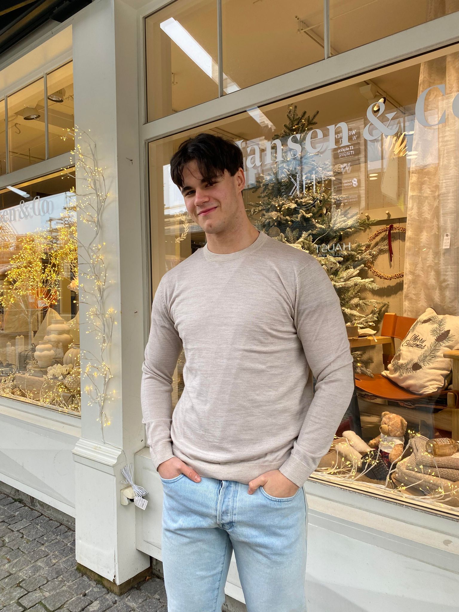 Town Merino genser med rund hals - Beige/ Fog